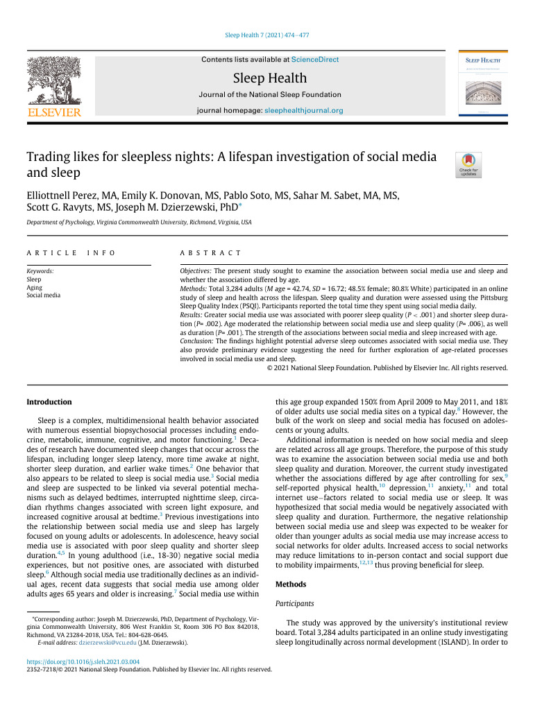 Social Media Use and Sleep Quality Across Ages | PDF | Psychological ...