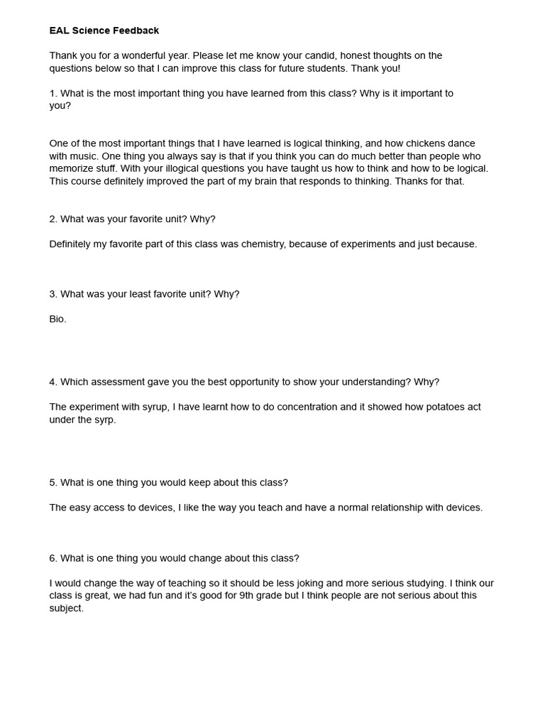 EAL Science Course Feedback Insights | PDF