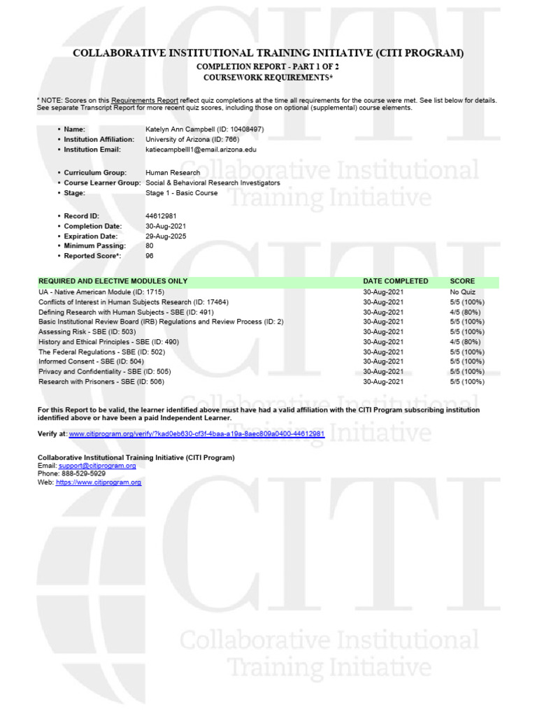 CITI Program Completion Report | PDF | Institutional Review Board ...