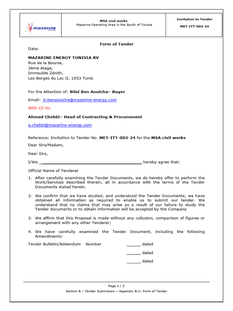7.0 - Section B - Tender Submission-Appendix B-1 - Form of Tender | PDF ...