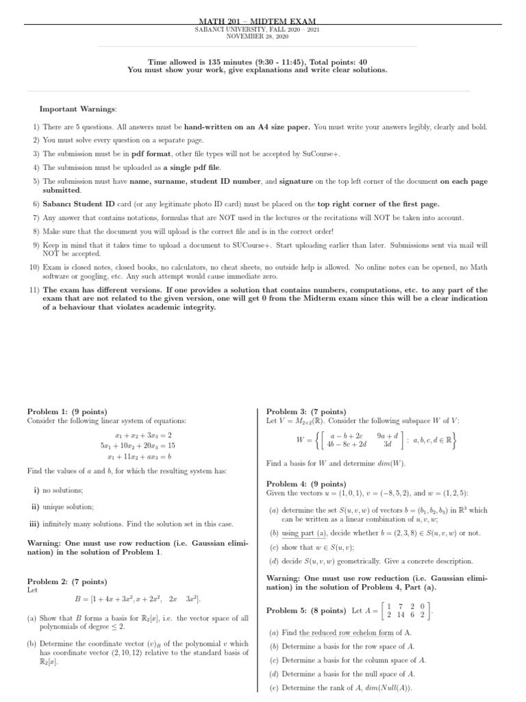 MATH 201 Midterm Exam Guidelines | PDF | Linear Subspace | Linear Algebra