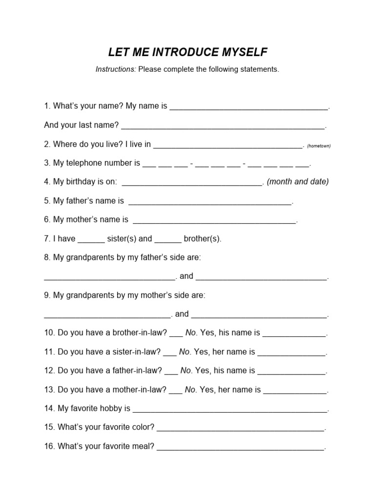Personal Introduction Questionnaire | PDF