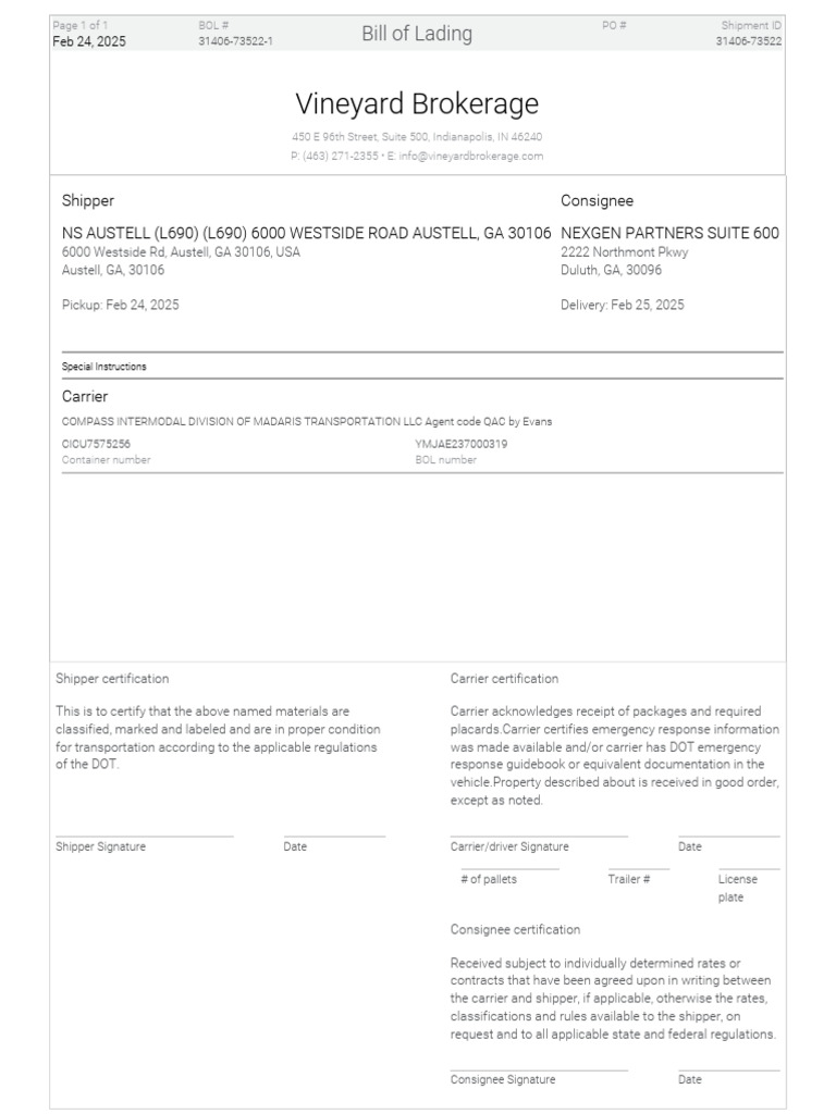 Bill of Lading for Shipment 31406-73522 | PDF | Cargo | Transport