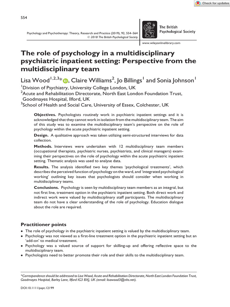 Psychol Psychother - 2018 - Wood - The Role of Psychology in A ...