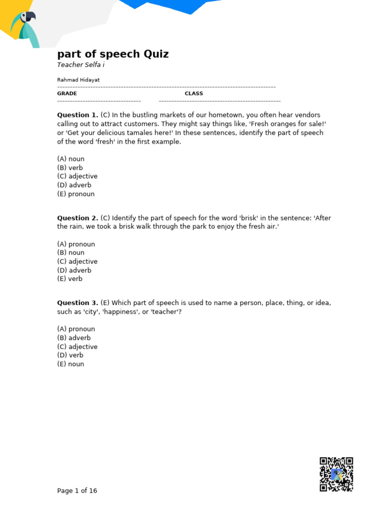 Part of Speech Quiz for Students | PDF | Part Of Speech | Adverb