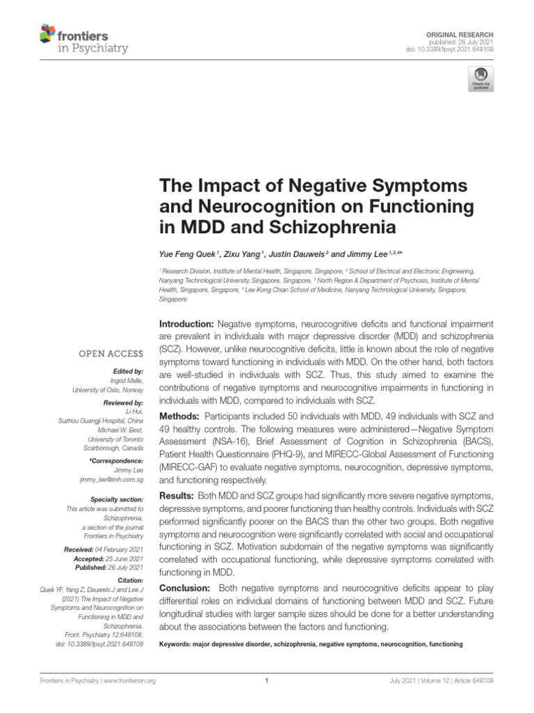 Negative Symptoms in MDD vs. Schizophrenia | PDF | Schizophrenia ...