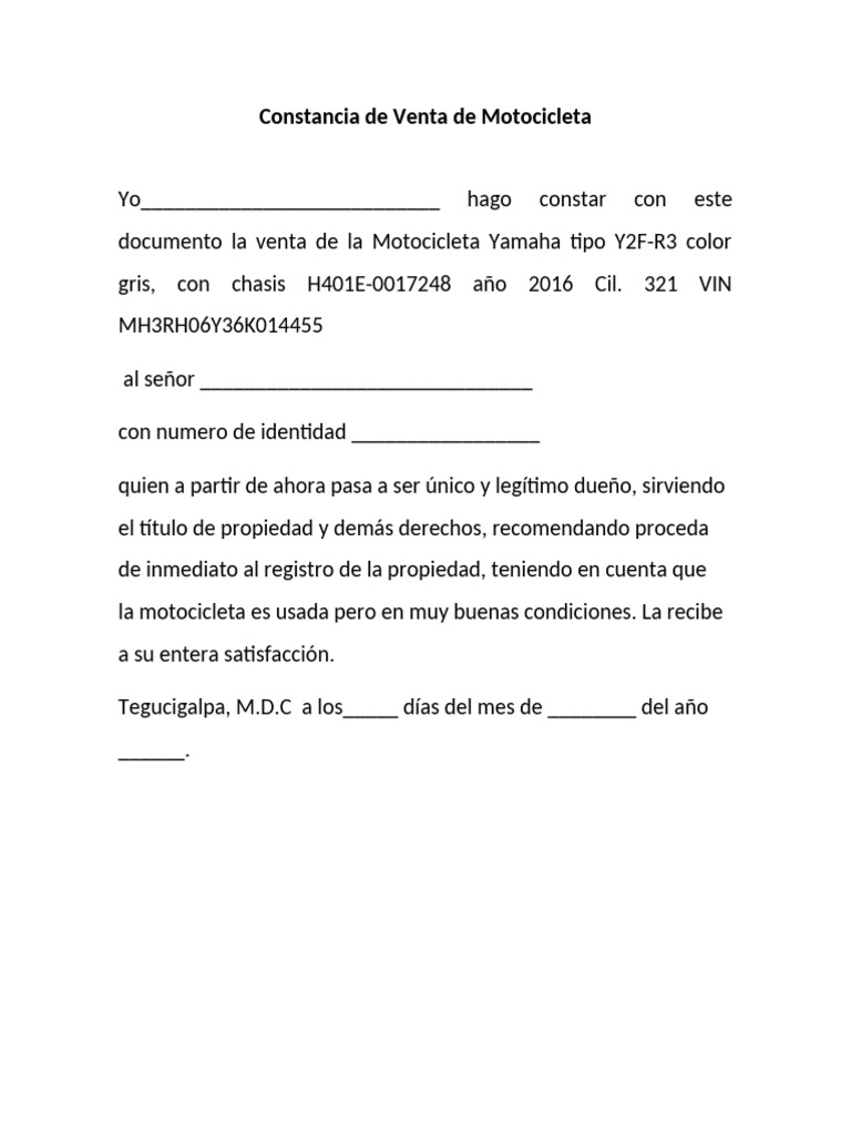 Constancia de Venta de Motocicleta | PDF