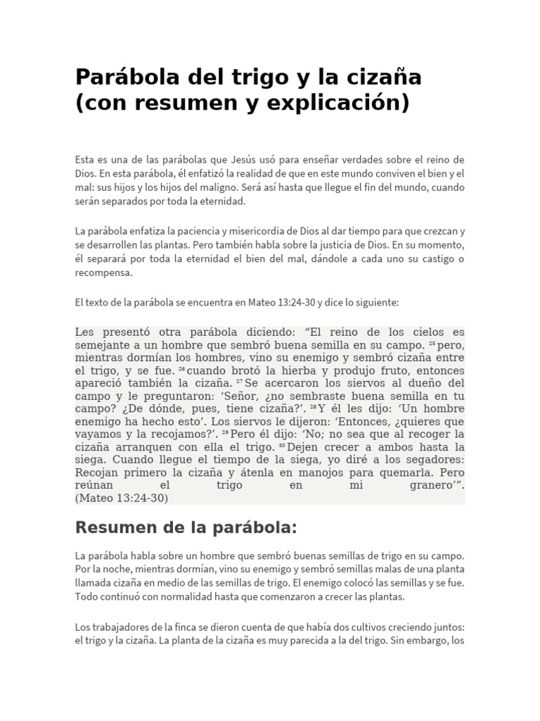 Parábola del trigo y la cizaña explicada | PDF | Parábolas de Jesús ...