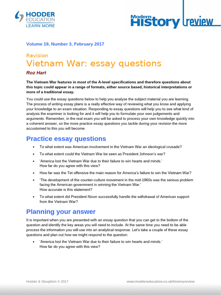 Vietnam War Essay Questions Guide | PDF | Essays | Vietnam War