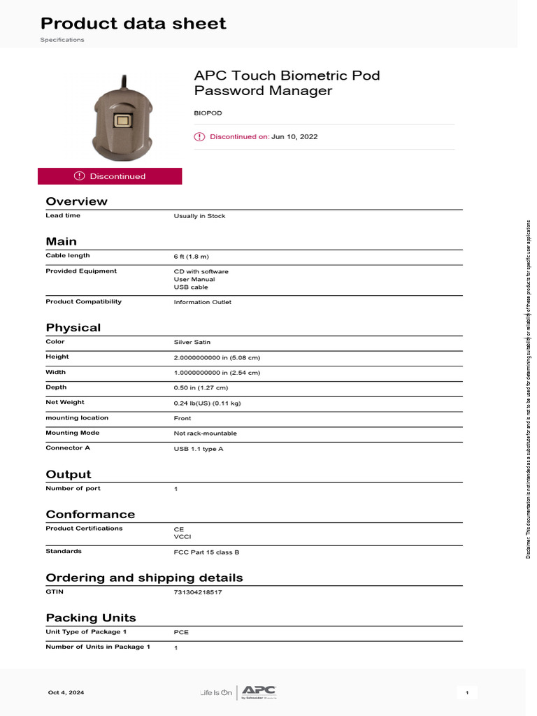 APC Biometric-Security BIOPOD | PDF | Usb | Computing