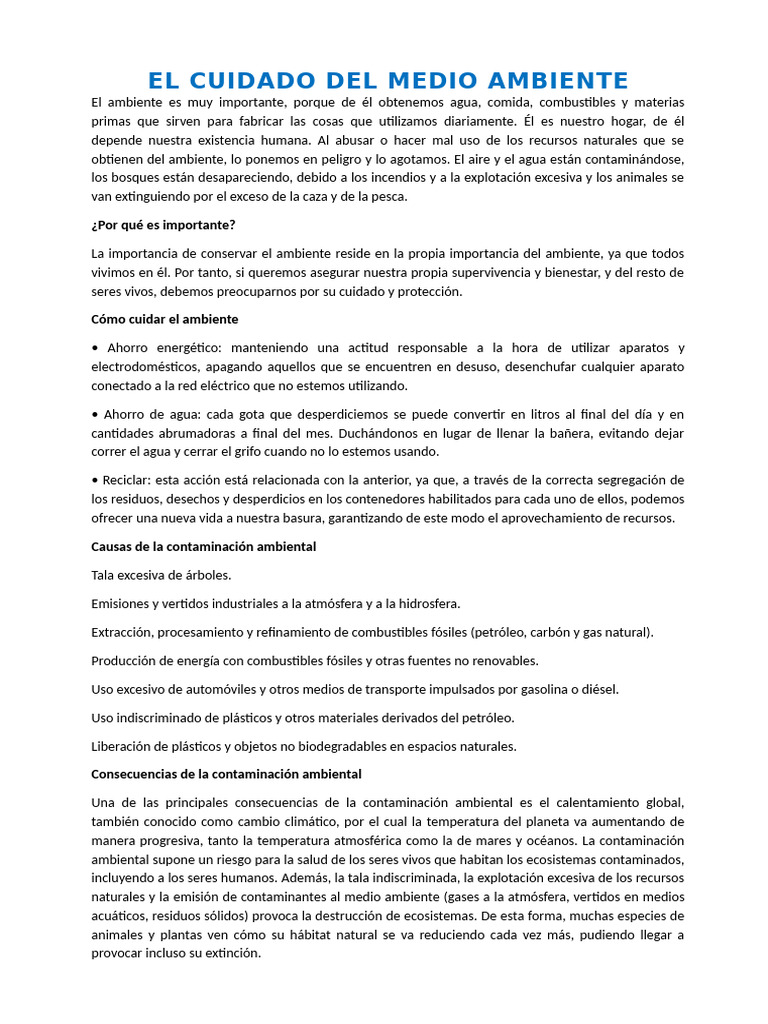 El Cuidado Del Medio Ambiente | PDF | Contaminación | Combustibles fósiles