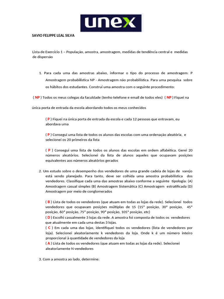 Lista de Exerci%CC%81cio 1 %E2%80%93 Populac%CC%A7a%CC%83o, amostra ...