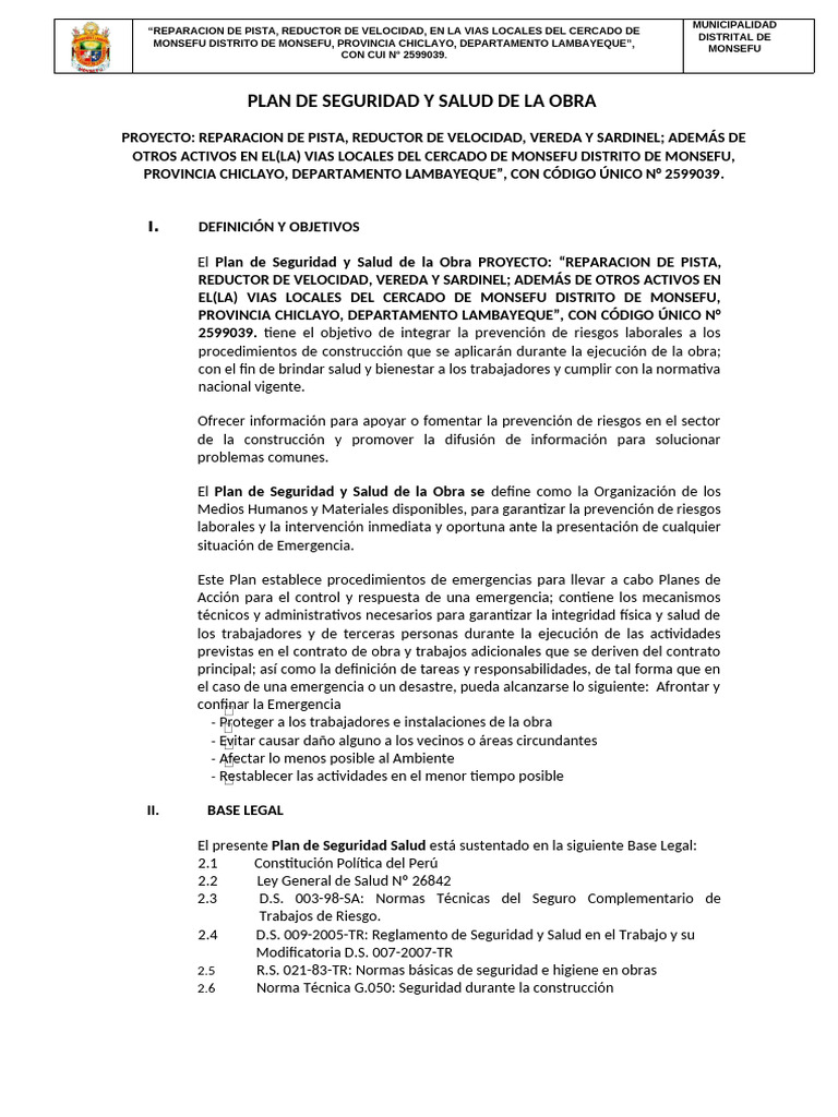 Anexo N°1 - Plan de Seguridad y Salud en La Obra | PDF | Valores ...