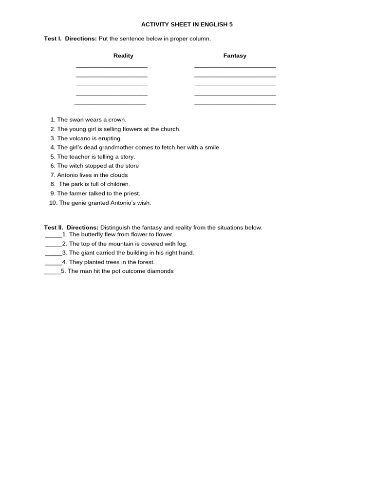 English Activity Sheet: Reality vs. Fantasy | PDF