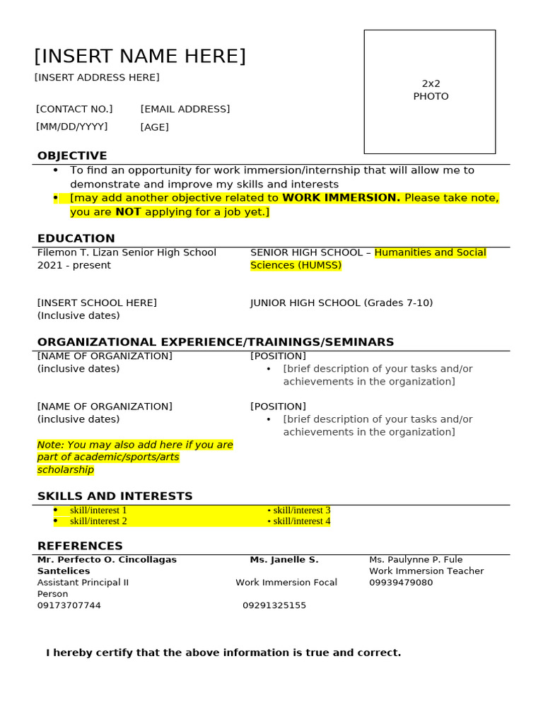 Work Immersion Resume Template | PDF