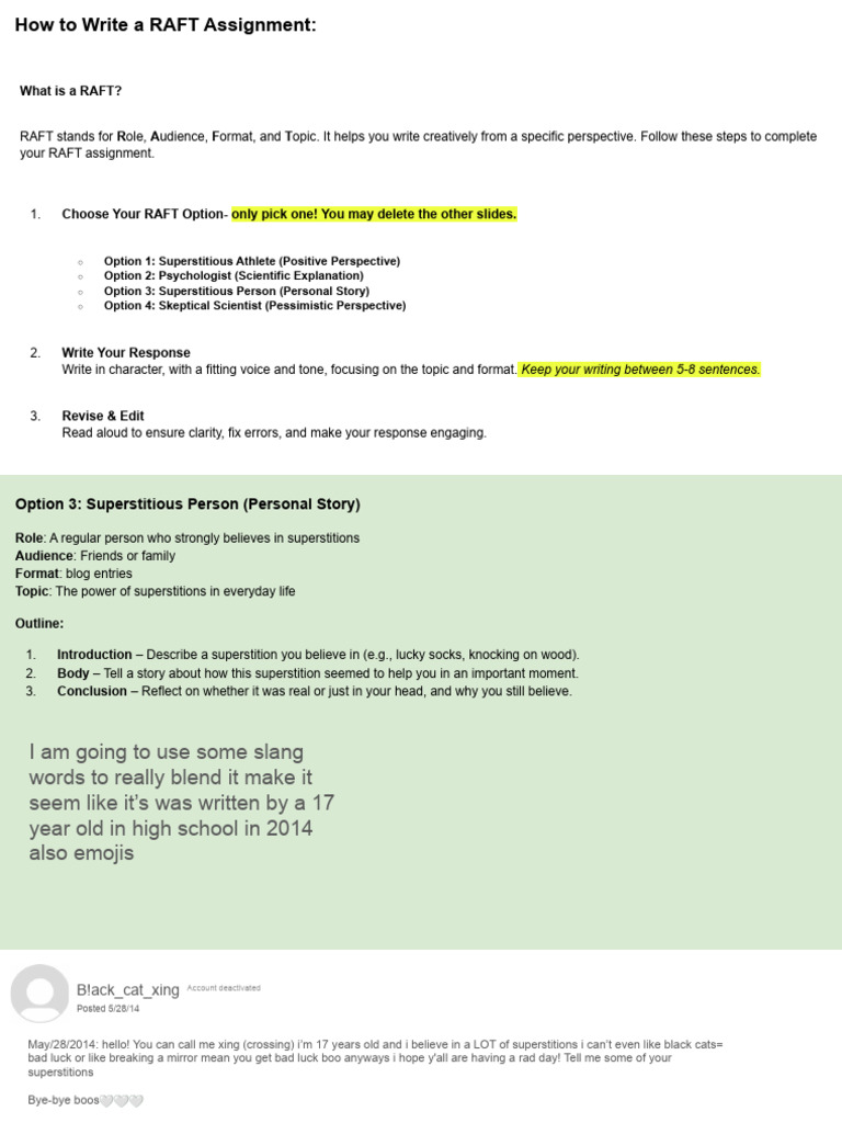 RAFT Assignment Guide: Superstitions | PDF | Superstitions