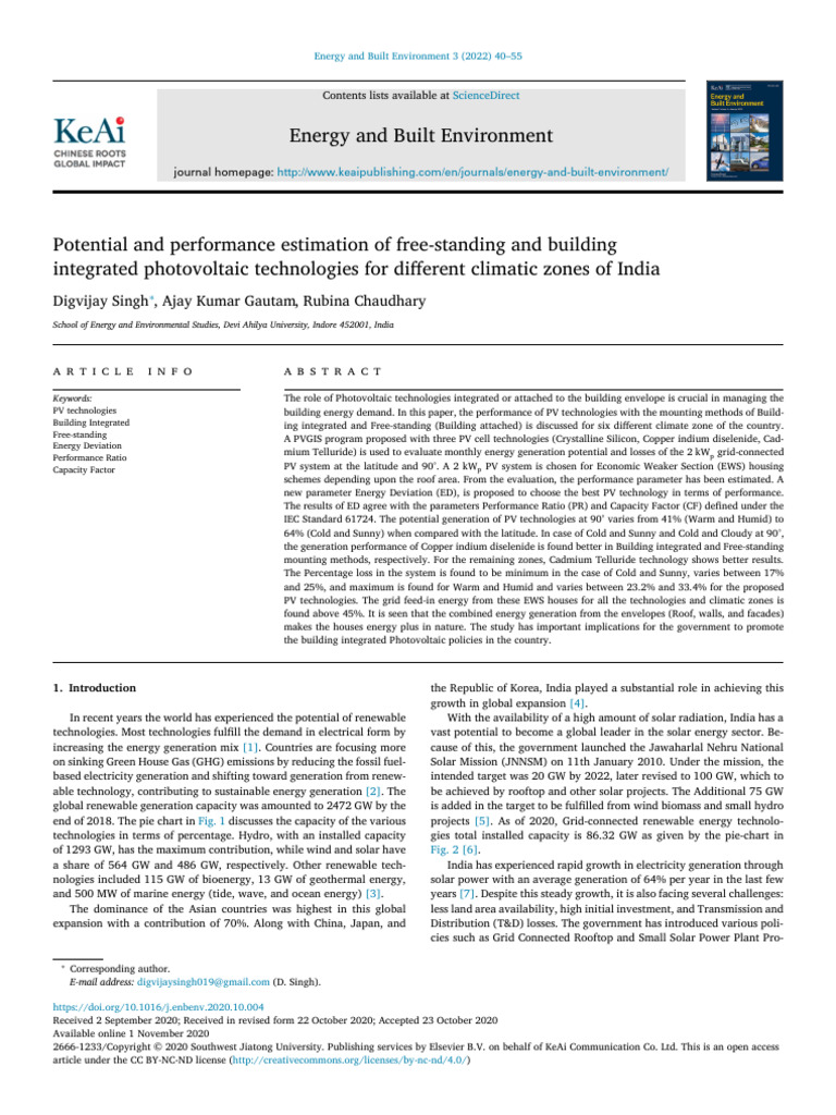 Potential and Performance Estimation of Free Standing and B 2022 Energy ...