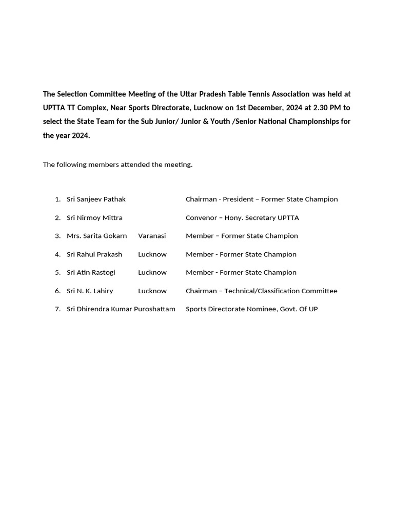 UPTTA Team Selection Meeting 2024 | PDF