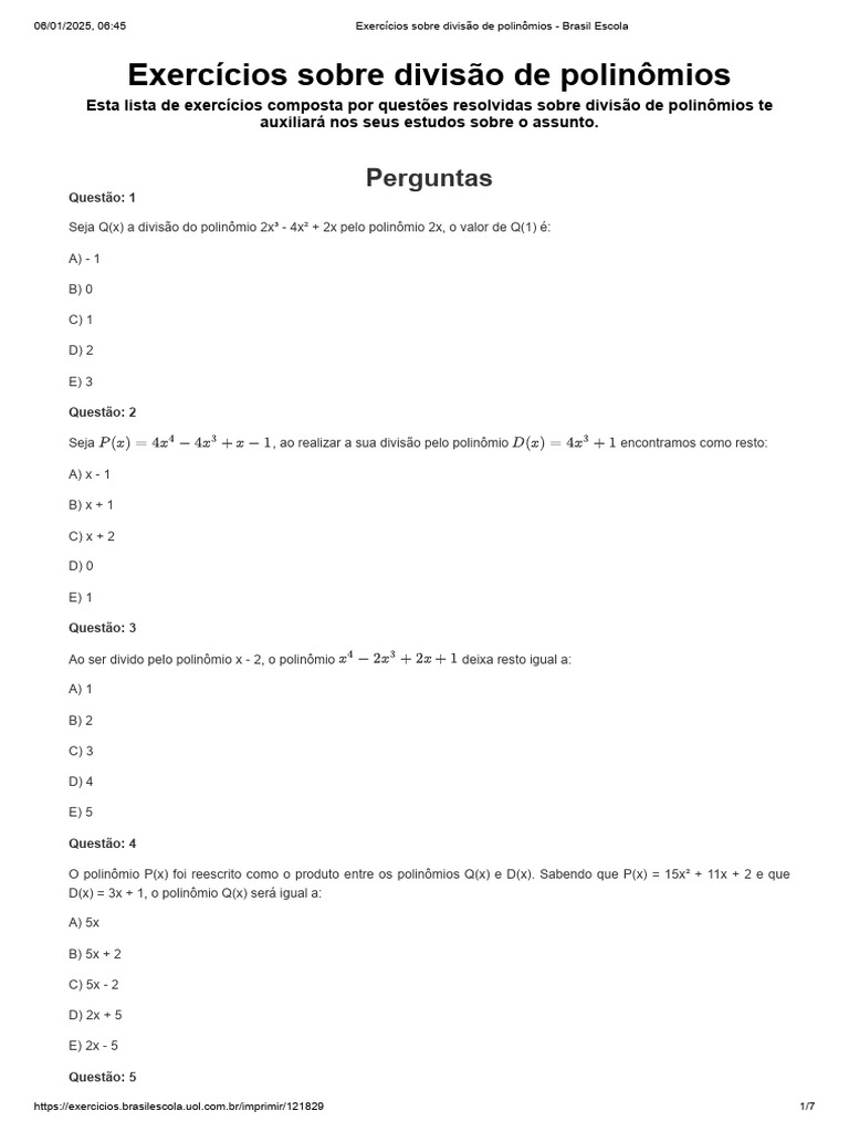 Exercícios Resolvidos de Divisão de Polinômios | PDF | Divisão ...