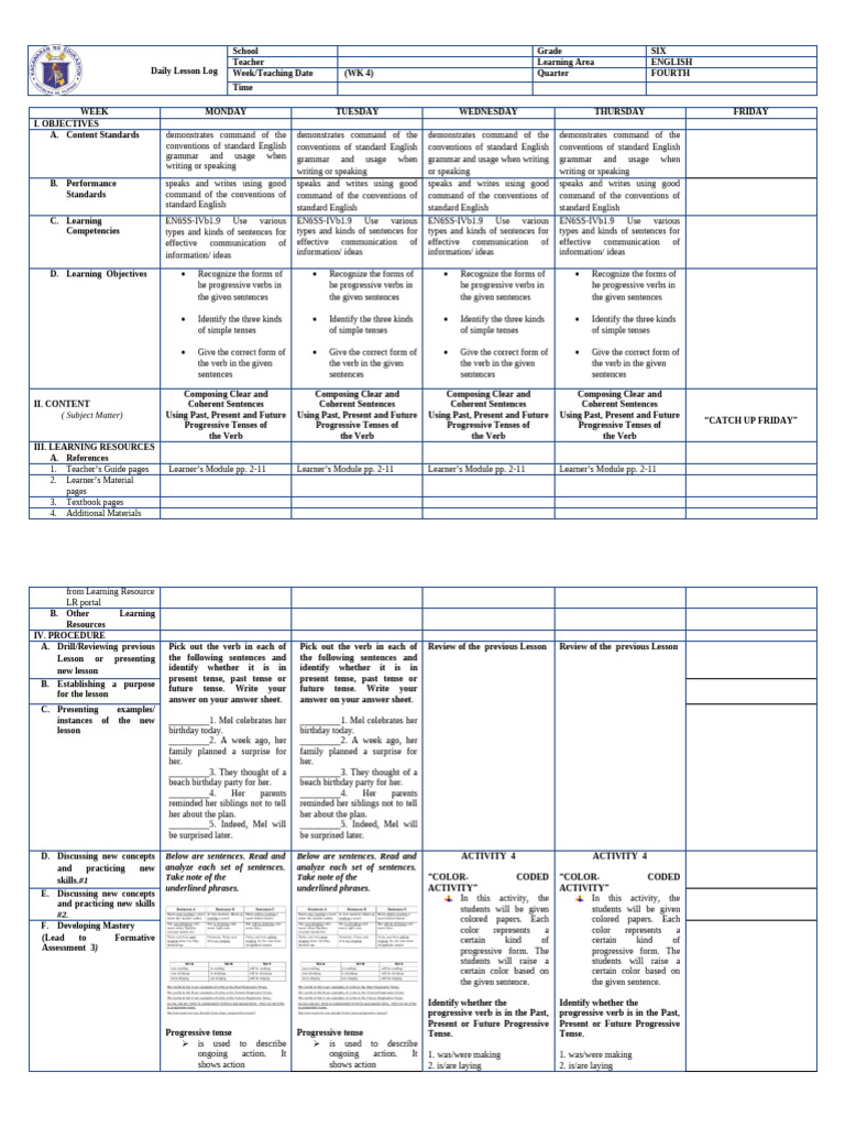 Grade 6 English Lesson Plan: Tenses | PDF | Grammatical Tense | English ...