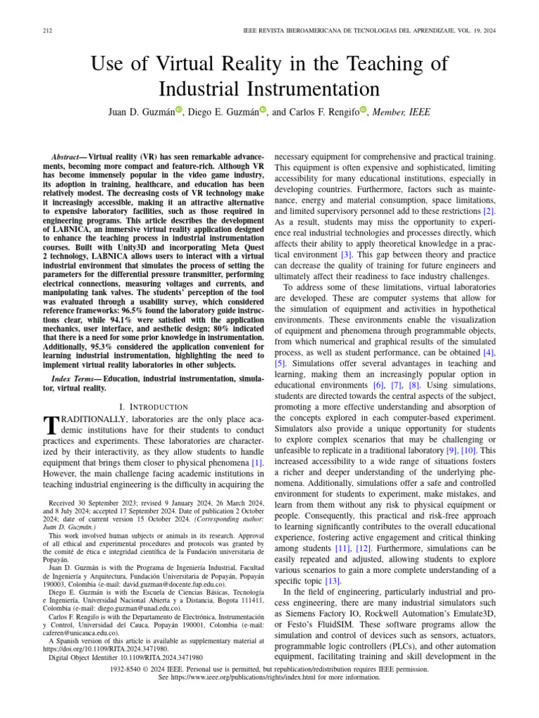 Virtual Reality in Industrial Education | PDF | Virtual Reality | Usability