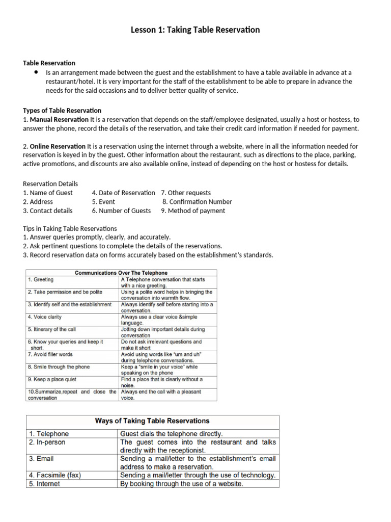 Table Reservation Guide: Lesson 1 | PDF
