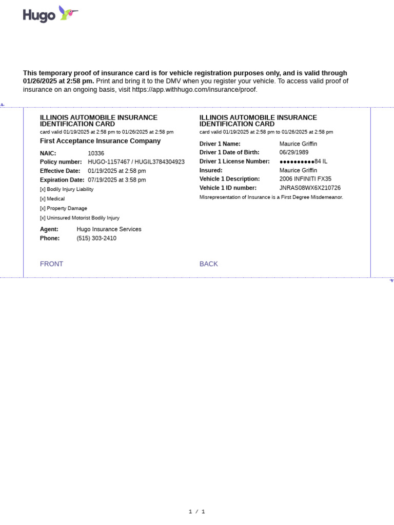 Hugo Temporary Insurance Proof Card | PDF