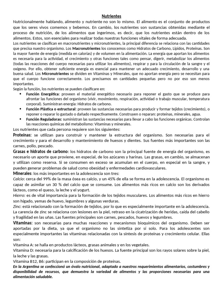 Clasificación y Función de Nutrientes | PDF | Nutrientes | Alimentos
