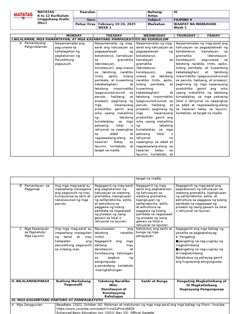 MATATAG DLL WEEK 1 FILIPINO G4 q4 | PDF