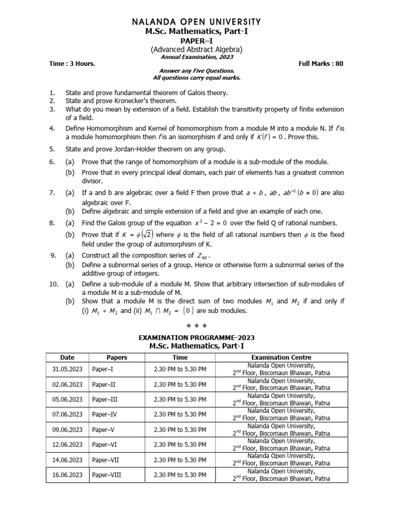 M.Sc. Mathematics Exam Questions 2023 | PDF | Field (Mathematics ...