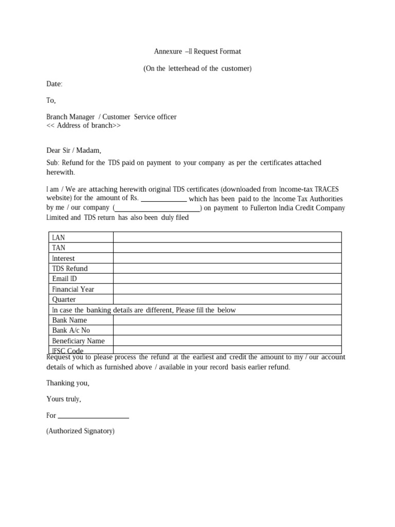 TDS Refund Request Letter Format | PDF