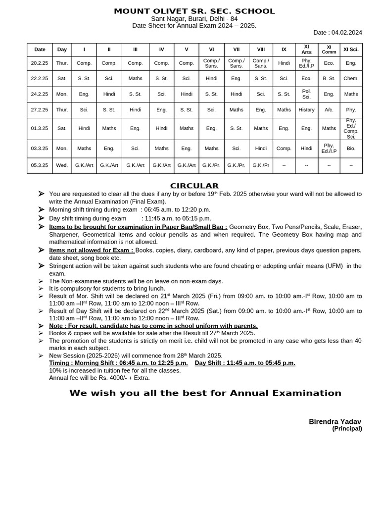 Date Sheet - I To VIII, IX & XI | PDF