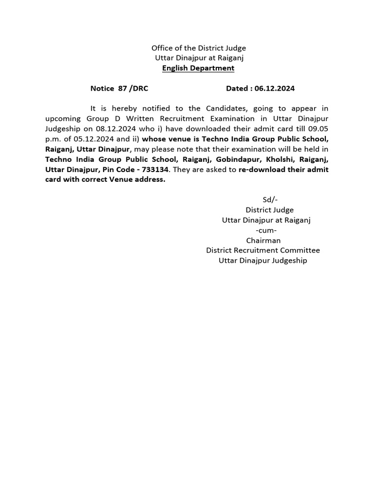 Group D Exam Venue Update 2024 | PDF