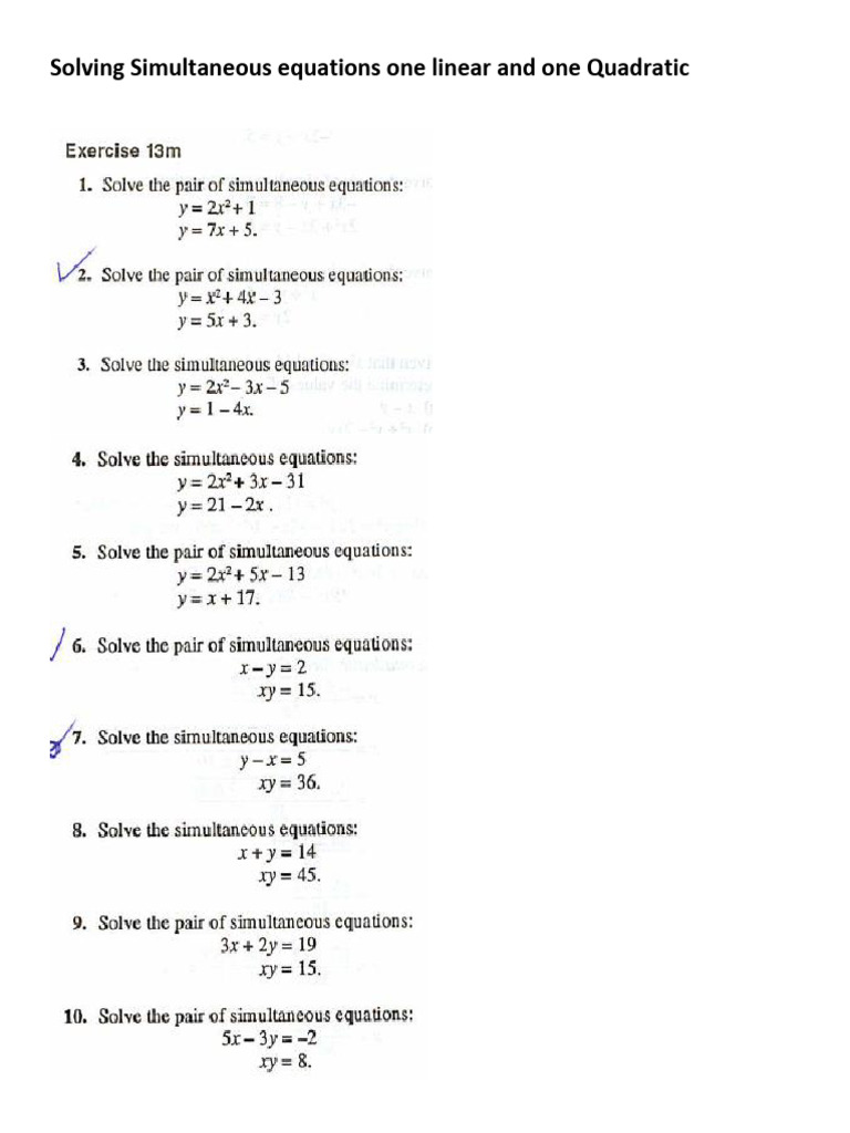 Week 3 Solving Simultaneous equations one linear and one Quadratic | PDF