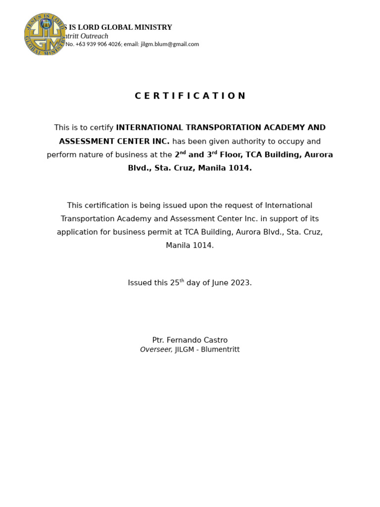 TCA Certification for Business Permit | PDF