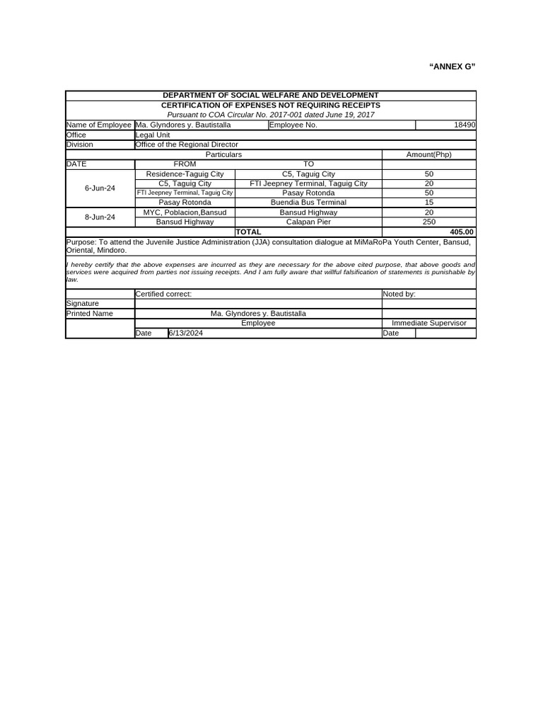 7 annex g certification of expenses not requiring official receipt pdf