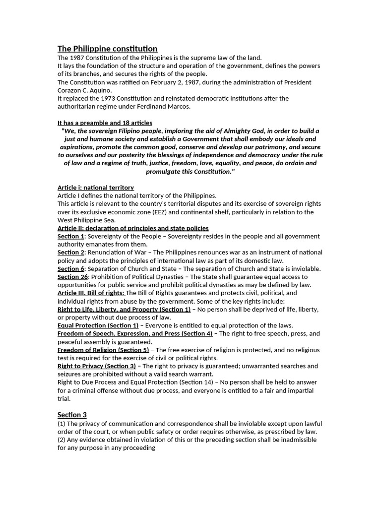 Overview of the 1987 Philippine Constitution | PDF | Search And Seizure ...