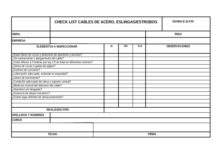 SSOMA-E-32. F05 Check List Cables de Acero, Eslingas - Estrobos | PDF