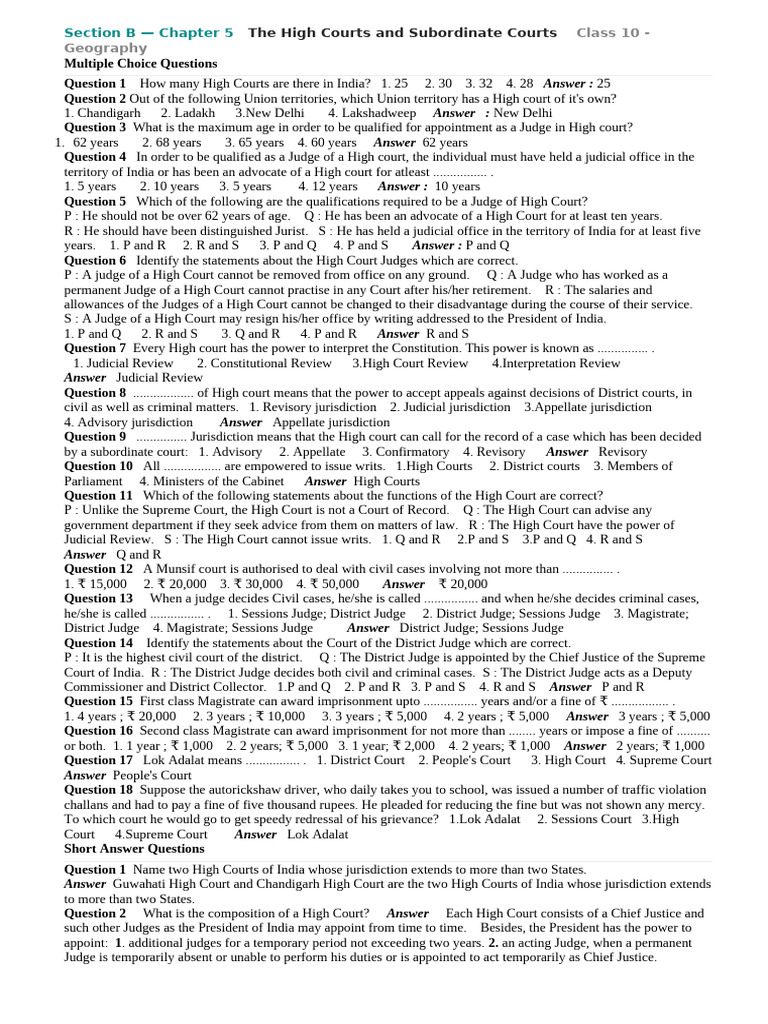 Chapter 5 The High Courts and Subordinate Courts Class 10 - Geography ...
