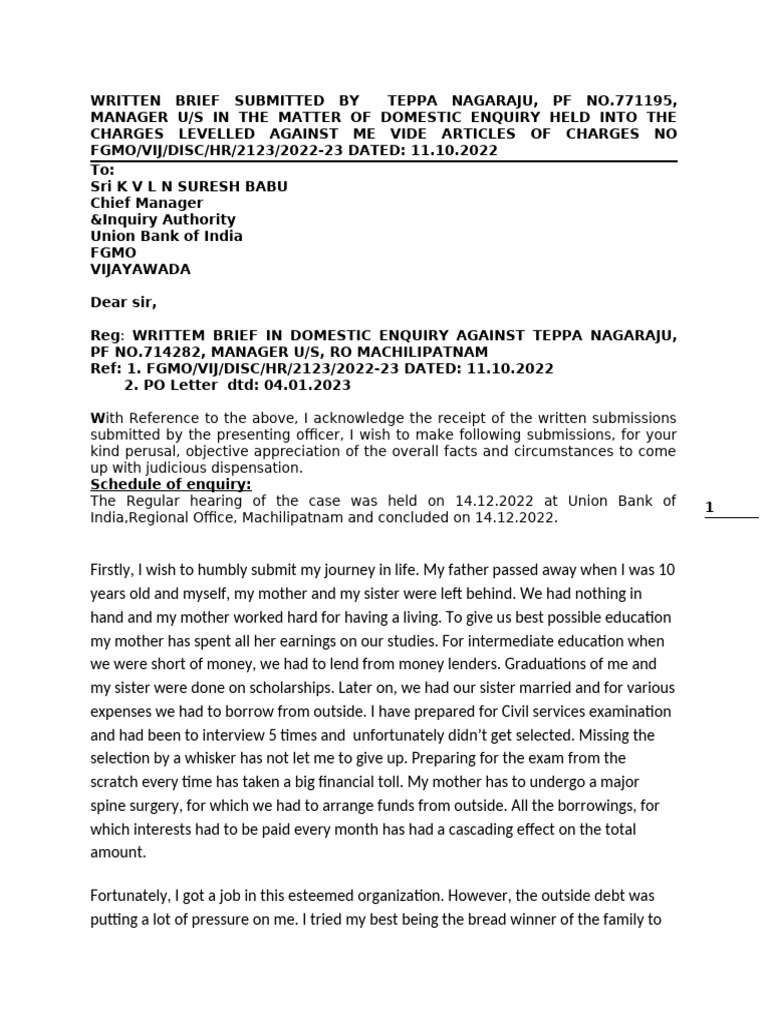 Domestic Enquiry Brief for Nagaraju | PDF | Interest | Money