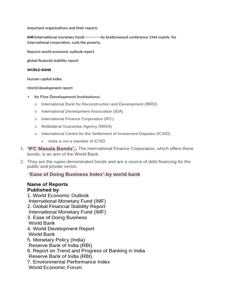 Important Organizations and Their Reports | PDF | World Bank ...