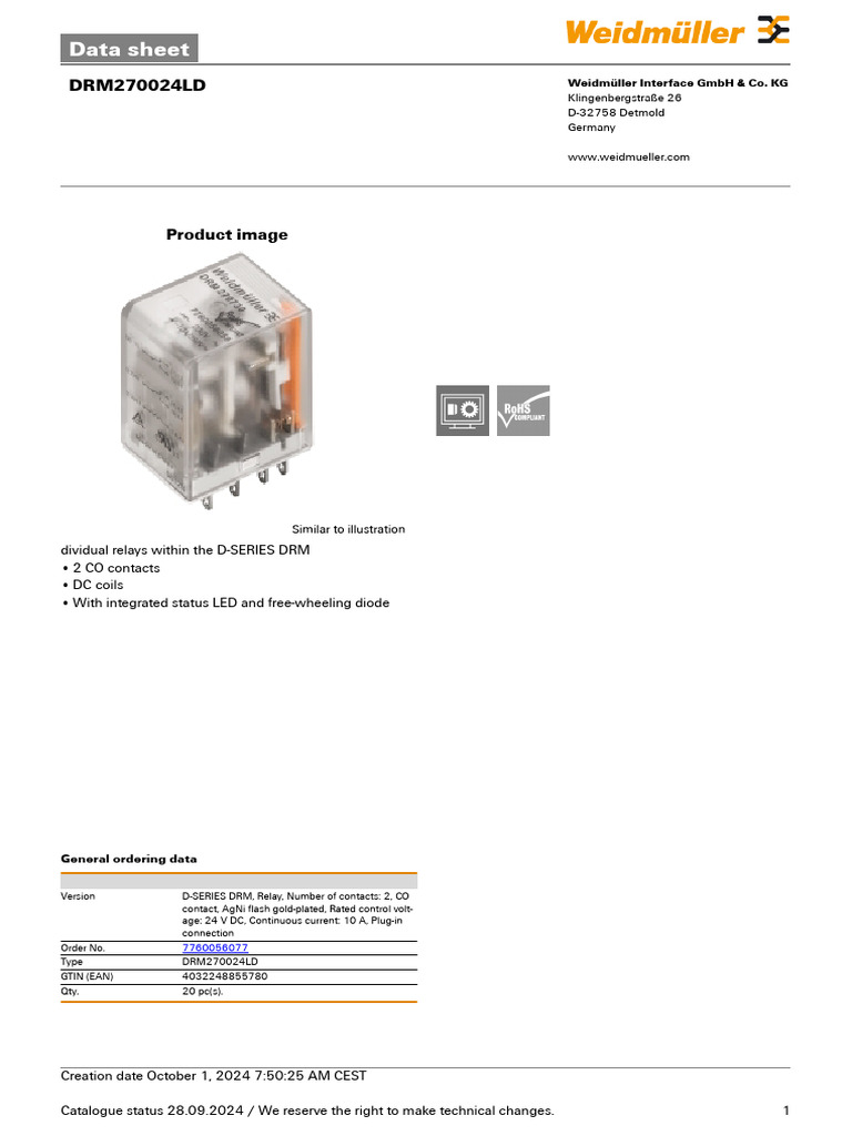 Weidmüller DRM270024LD Relay Datasheet | PDF | Alternating Current | Relay