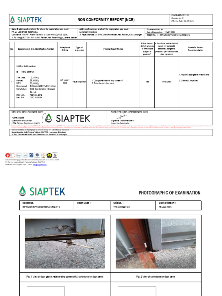 NCR RN 013 20ft Dry Container Id TRHU 269975 0 | PDF | Business Law ...