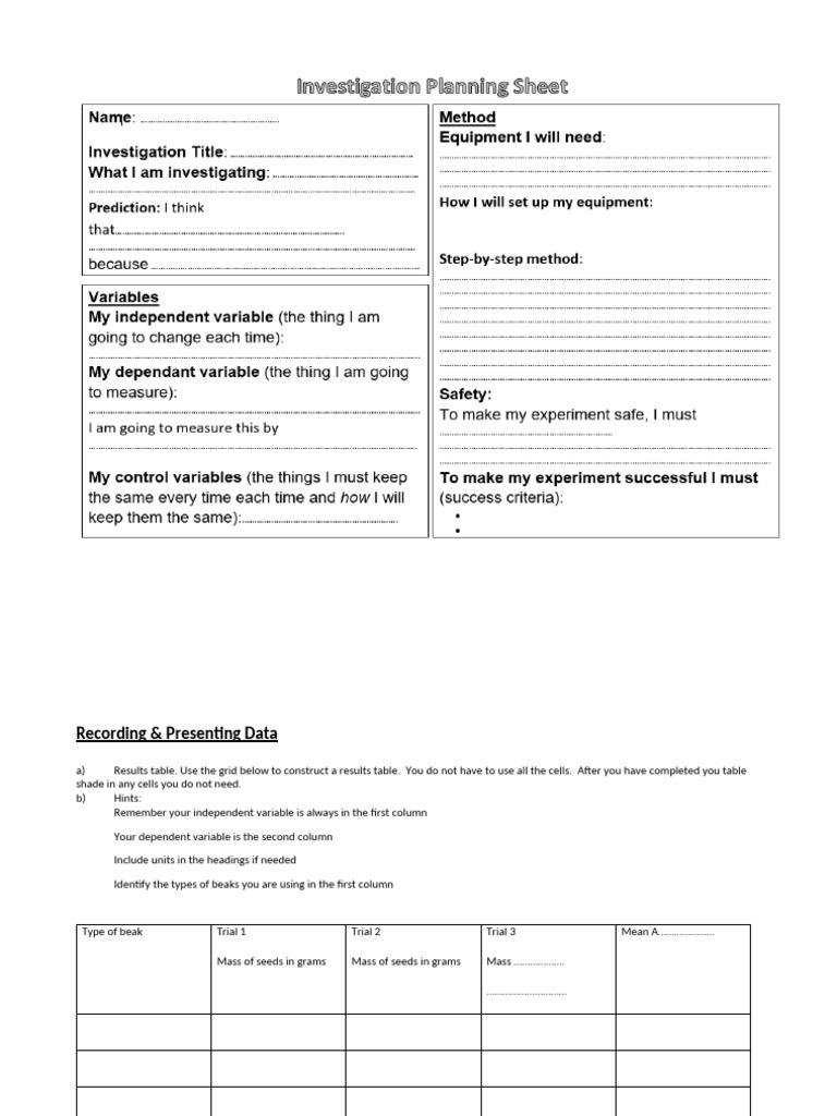 Y8 - Unit 3 - L6 - Investigation Planning Sheet | PDF