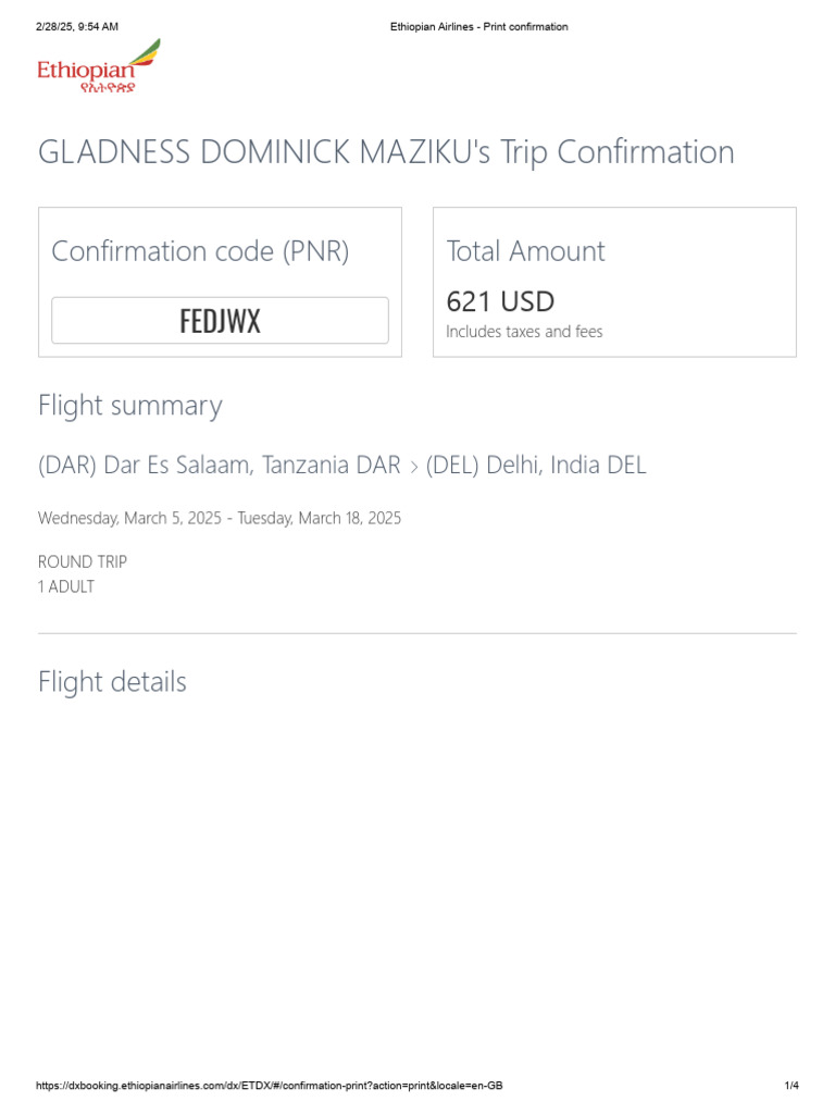 Ethiopian Airlines Trip Confirmation | PDF | Aviation Safety | Airlines