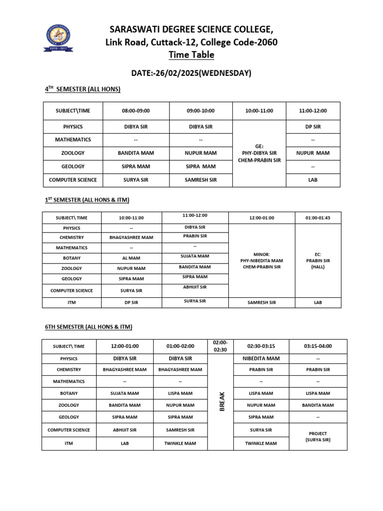 +3 Time Table - 11 - 1 | PDF | Natural Sciences | Physical Sciences