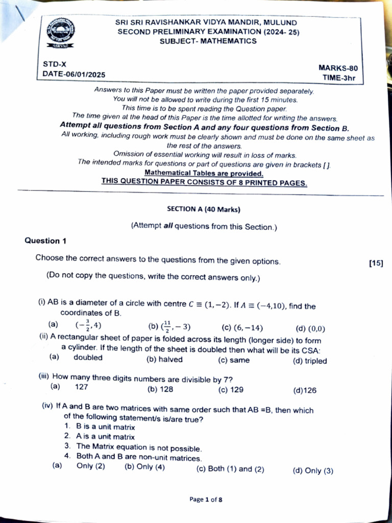 24-25 X Maths SSRVM | PDF | Matrix (Mathematics) | Algebra