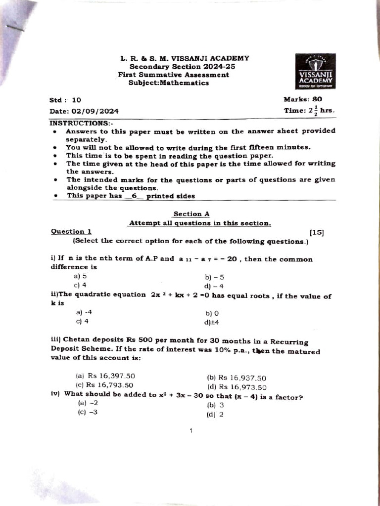 24 25 X Maths Term 1 Vissanji Pdf Elementary Mathematics Mathematics