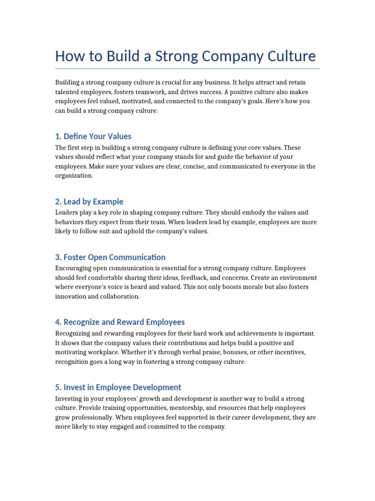Build a Strong Company Culture Guide | PDF | Organizational Culture ...