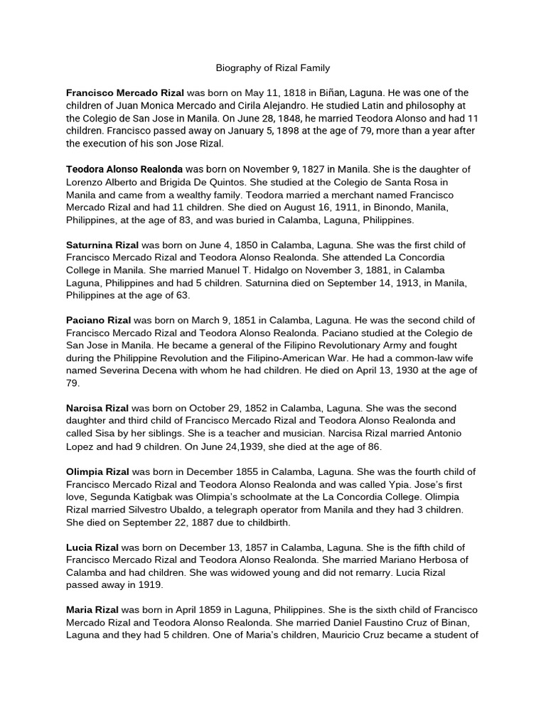 Rizal Family Biography Overview | PDF | Philippines | Spanish East Indies